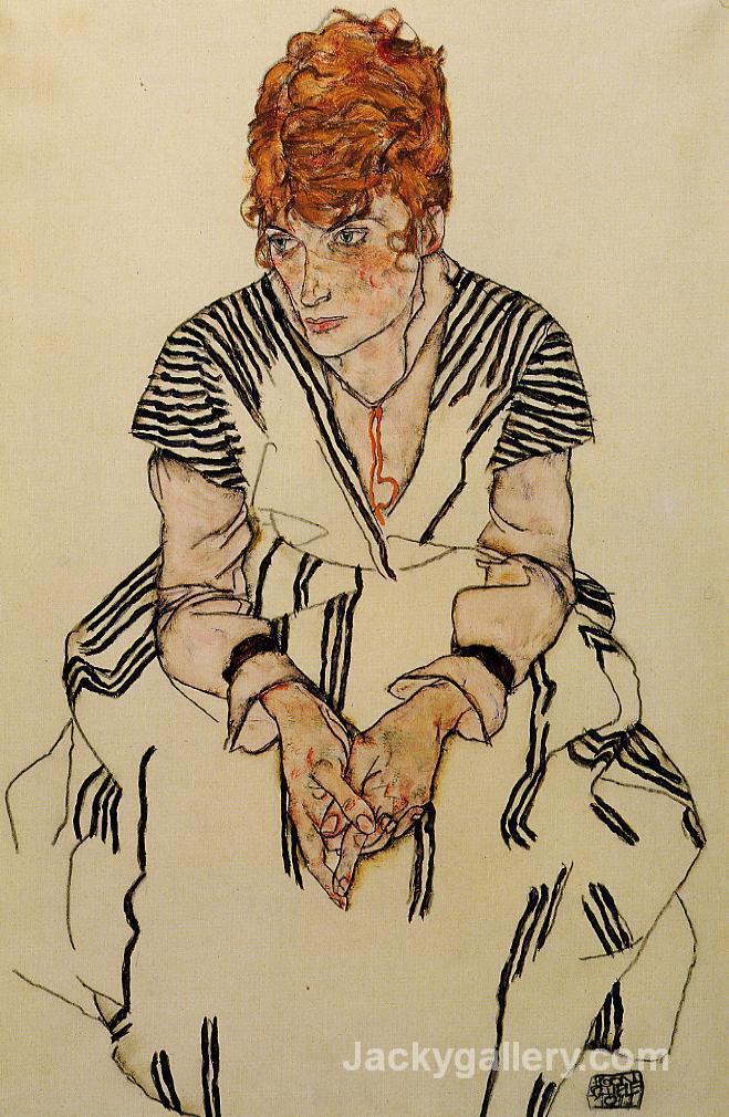 The Artists Sister in Law in a Striped Dress by Egon Schiele paintings reproduction